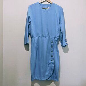 Vintage Light Blue Midi Dress | Taurus II Size14L | Batwing Sleeves, Gold Button